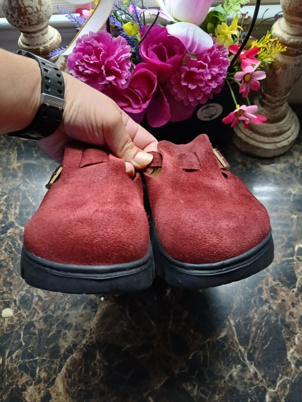 Papillio Birkenstock Women's Burgundy Suede Clog Sandals - Picture 9 of 12
